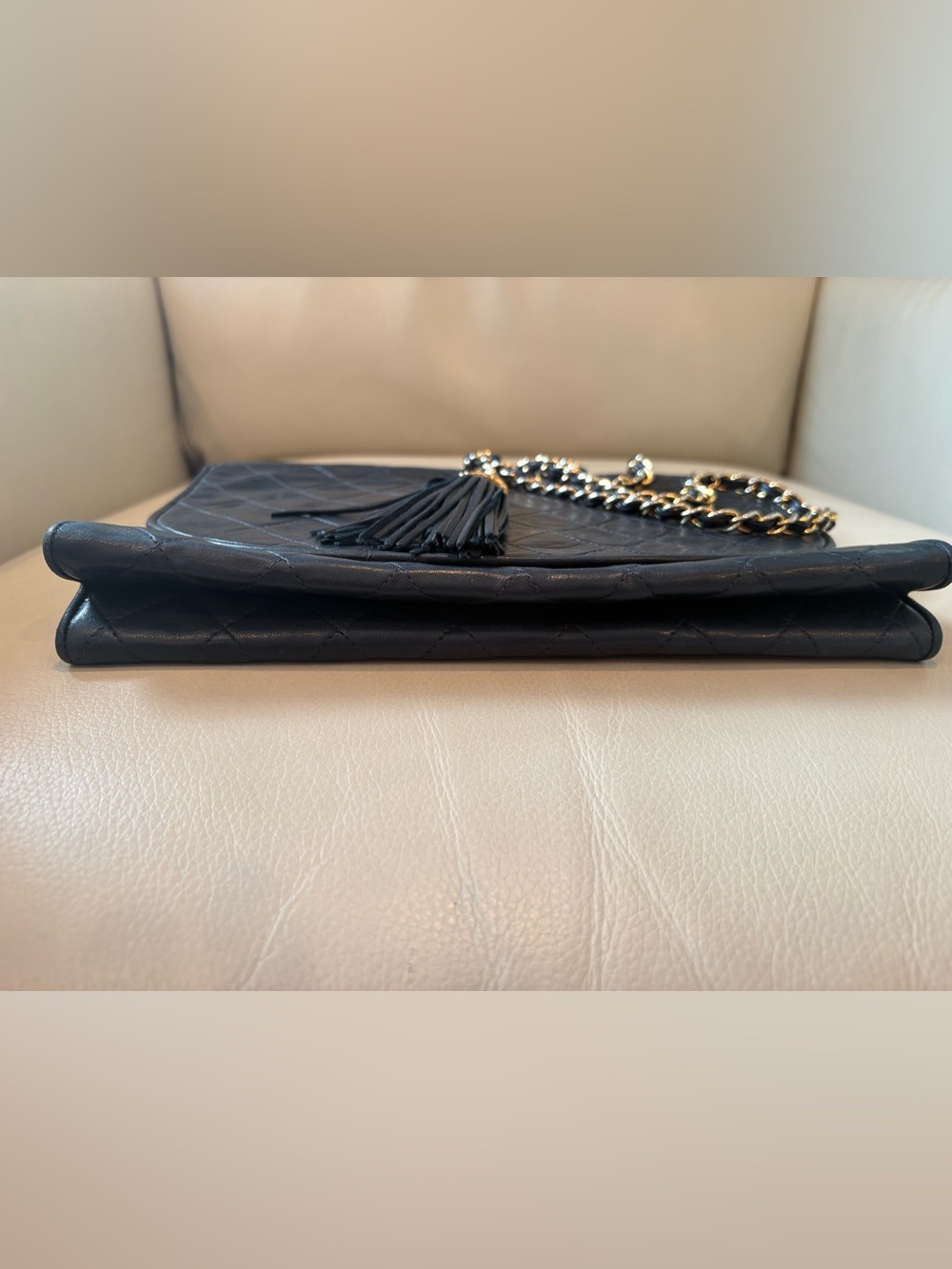 CHANEL Vintage Navy Blue Leather Shoulder Bag with Gold Chain and Tassel w COA - Picture 11 of 16